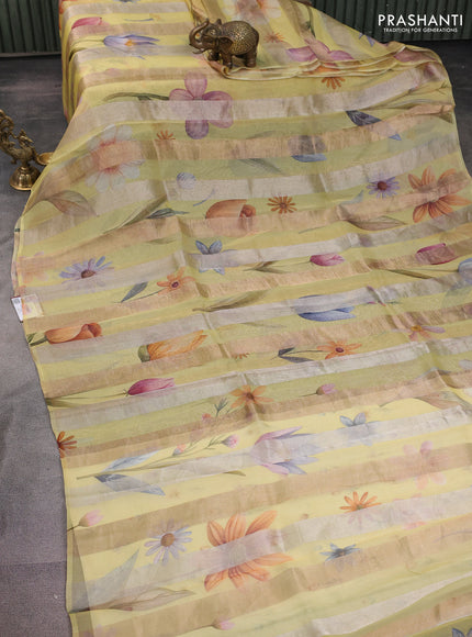 Pure organza silk saree yellow shade with allover floral digital prints & zari stripe pattern in borderless style