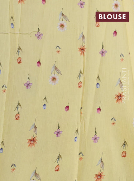 Pure organza silk saree yellow shade with allover floral digital prints & zari stripe pattern in borderless style