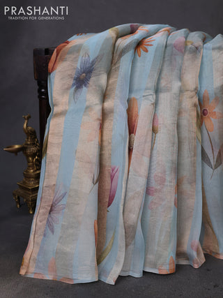 Pure organza silk saree pastel blue with allover floral digital prints & zari stripe pattern in borderless style