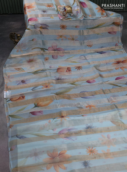 Pure organza silk saree pastel blue with allover floral digital prints & zari stripe pattern in borderless style