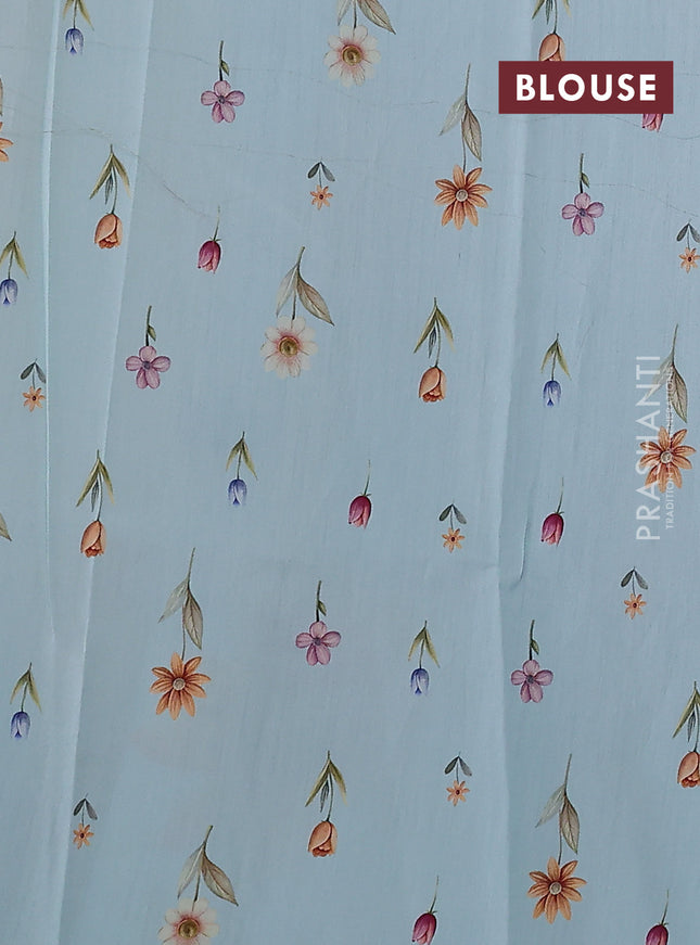 Pure organza silk saree pastel blue with allover floral digital prints & zari stripe pattern in borderless style