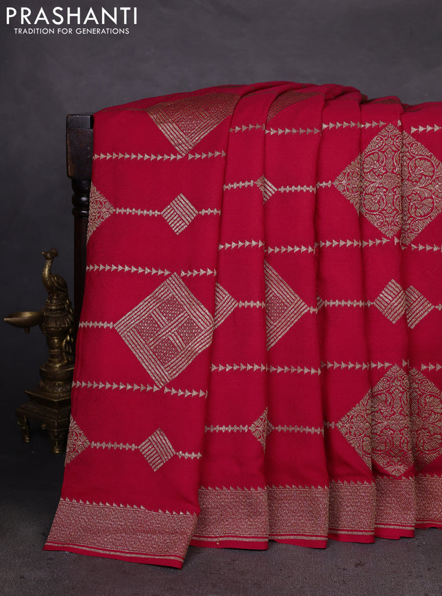 Banarasi crepe saree red with allover geometric weaves and woven border