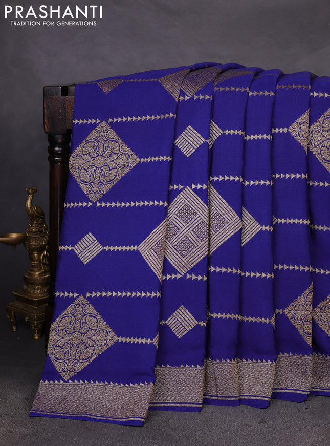 Banarasi crepe saree blue with allover geometric weaves and woven border