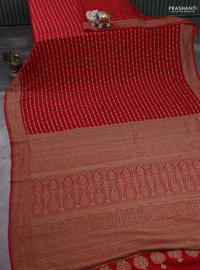 Banarasi crepe saree red with allover geometric weaves and woven border