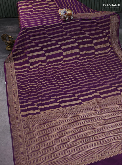 Banarasi crepe saree deep purple with allover geometric weaves and woven border