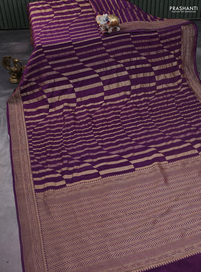 Banarasi crepe saree deep purple with allover geometric weaves and woven border