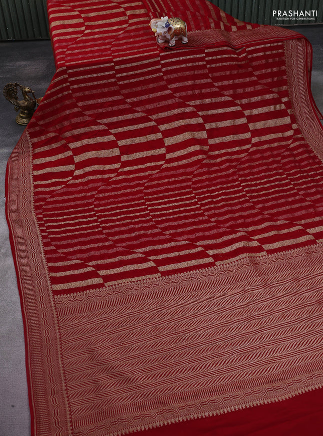 Banarasi crepe saree red with allover geometric weaves and woven border