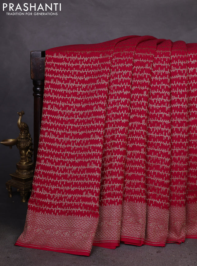 Banarasi crepe saree red with allover geometric weaves and woven border