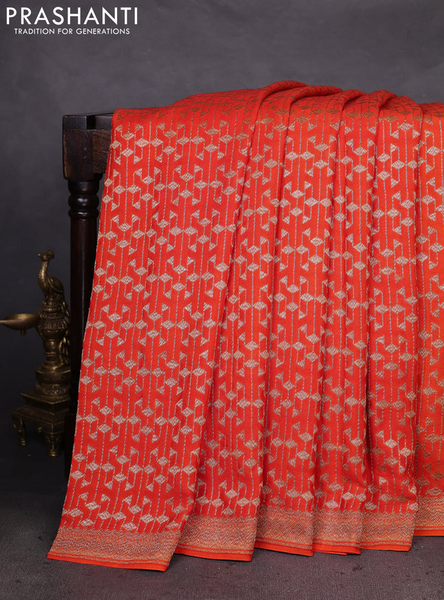 Banarasi crepe saree orange with allover geometric weaves and woven border