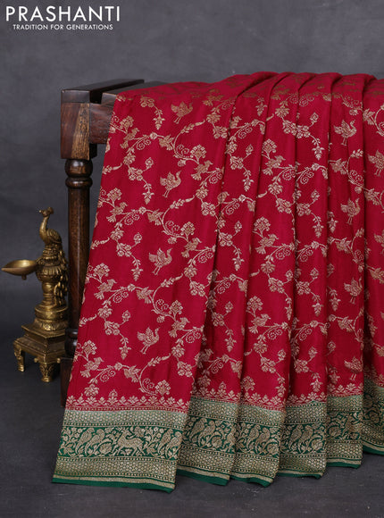 Banarasi crepe saree red and green with allover thread & zari weaves and woven border