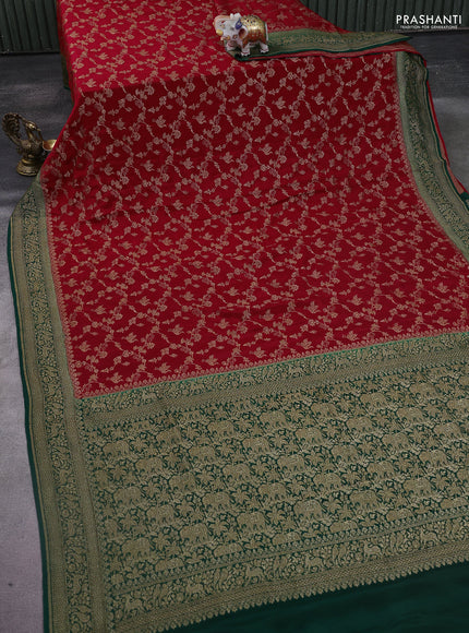 Banarasi crepe saree red and green with allover thread & zari weaves and woven border