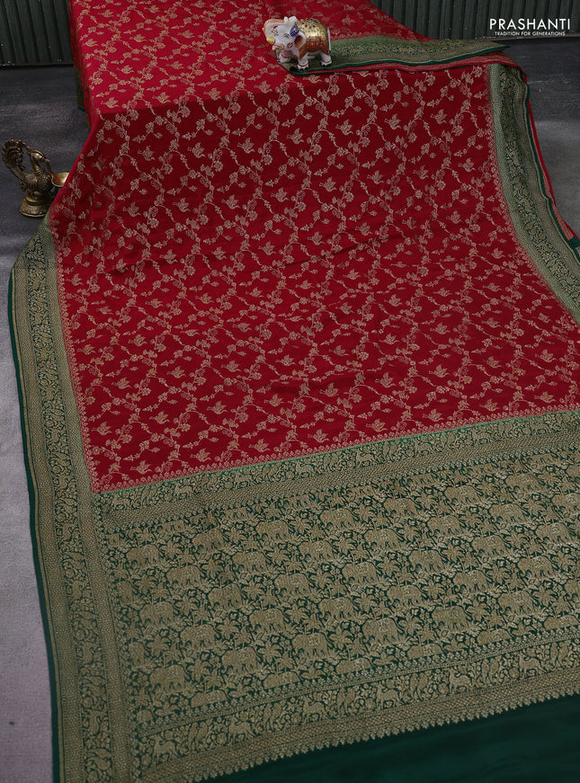 Banarasi crepe saree red and green with allover thread & zari weaves and woven border