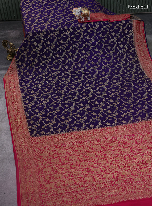 Banarasi crepe saree blue and pink with allover thread & zari weaves and woven border