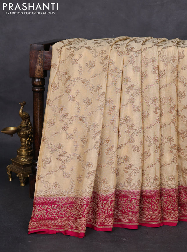 Banarasi crepe saree sandal and pink with allover thread & zari weaves and woven border