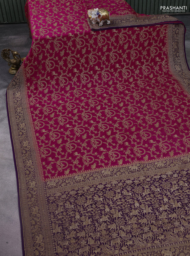Banarasi crepe saree pink and violet with allover thread & zari weaves and woven border