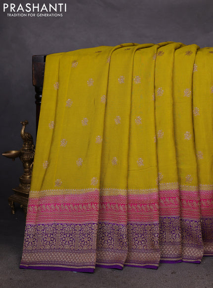 Banarasi crepe saree lime yellow and pink violet with woven buttas and long woven border