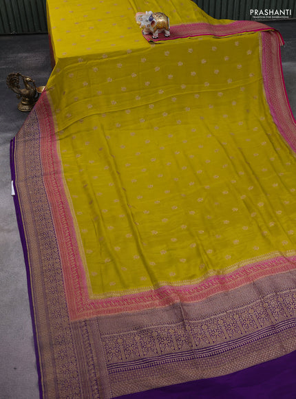 Banarasi crepe saree lime yellow and pink violet with woven buttas and long woven border