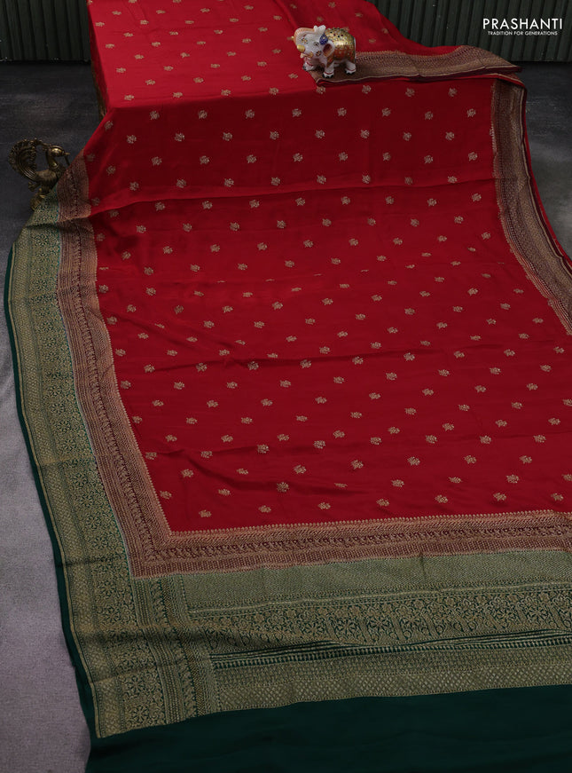 Banarasi crepe saree red and deep maroon green with woven buttas and long woven border