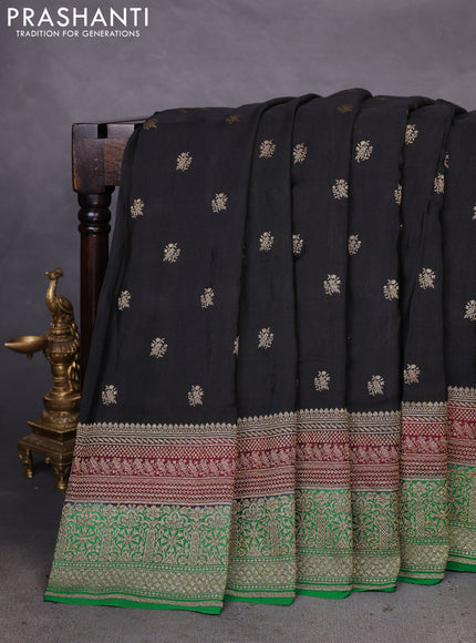 Banarasi crepe saree black and deep maroon green with woven buttas and long woven border