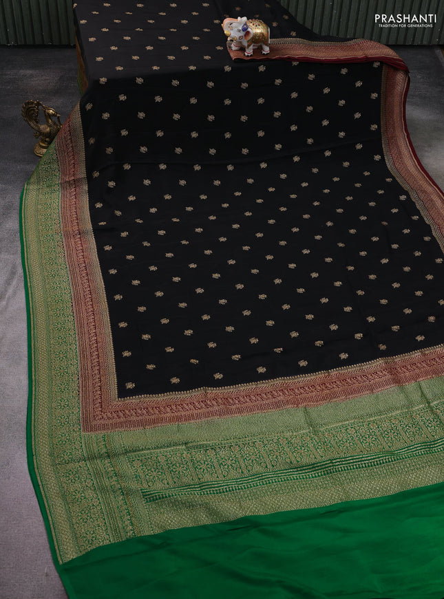 Banarasi crepe saree black and deep maroon green with woven buttas and long woven border