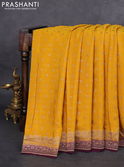 Banarasi crepe saree mustard yellow and wine shade with woven buttas and woven border