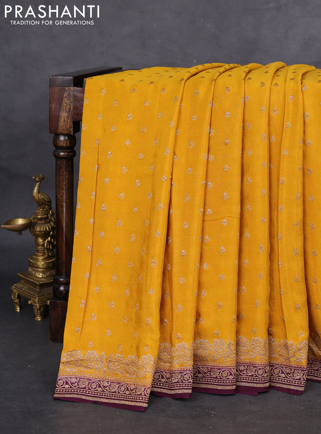 Banarasi crepe saree mustard yellow and wine shade with woven buttas and woven border