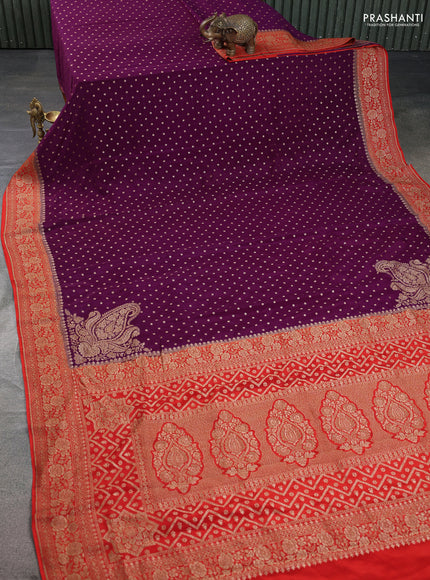 Banarasi crepe saree purple and red with woven buttas and woven border