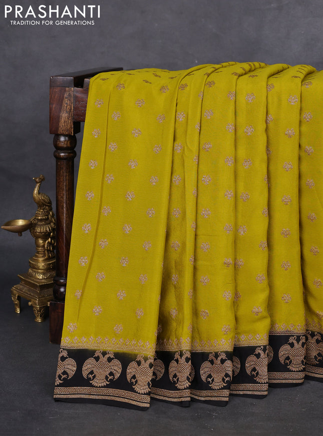Banarasi crepe saree lime yellow and black with woven buttas and woven border
