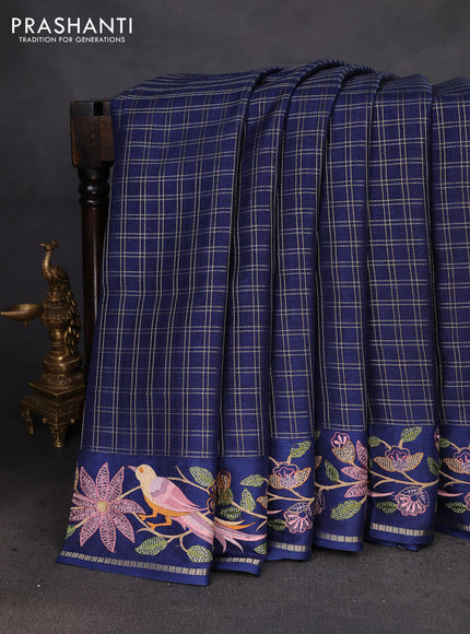 Semi tussar saree navy blue with allover zari checked pattern and embroidery border