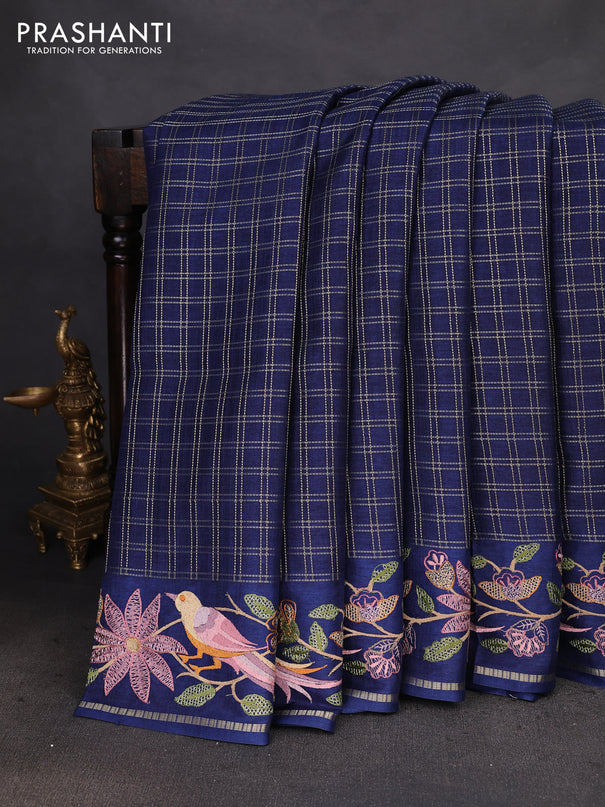 Semi tussar saree navy blue with allover zari checked pattern and embroidery border