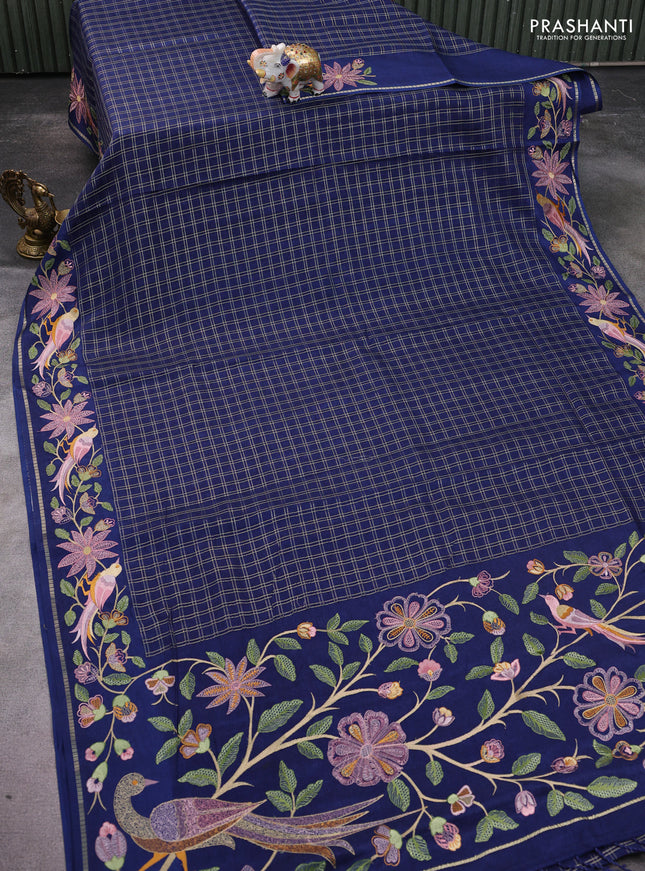 Semi tussar saree navy blue with allover zari checked pattern and embroidery border