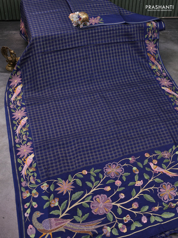 Semi tussar saree navy blue with allover zari checked pattern and embroidery border