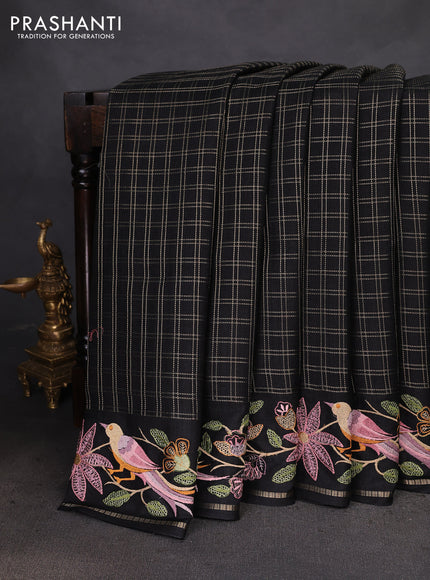 Semi tussar saree black with allover zari checked pattern and embroidery border