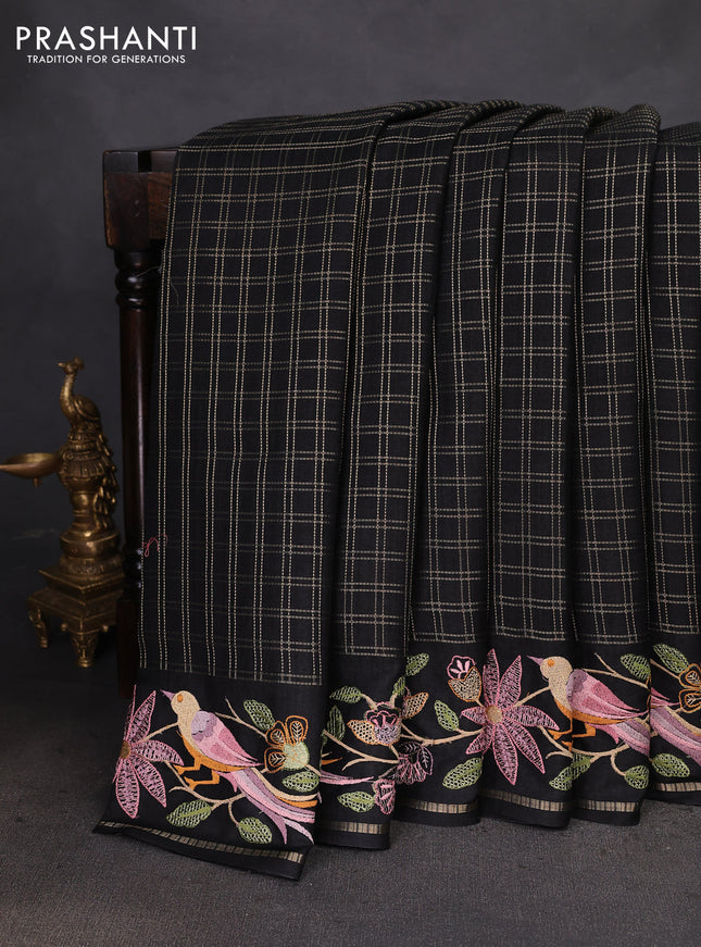 Semi tussar saree black with allover zari checked pattern and embroidery border