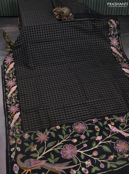 Semi tussar saree black with allover zari checked pattern and embroidery border