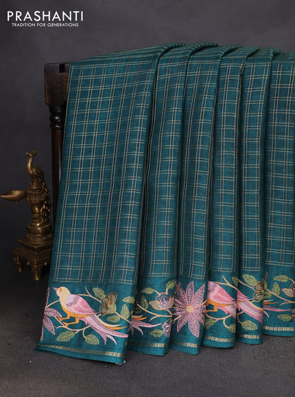 Semi tussar saree green with allover zari checked pattern and embroidery border