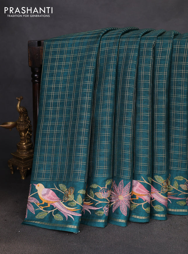 Semi tussar saree green with allover zari checked pattern and embroidery border