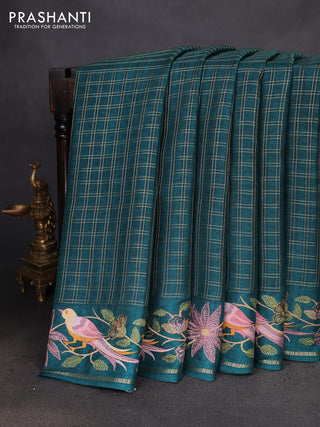 Semi tussar saree green with allover zari checked pattern and embroidery border