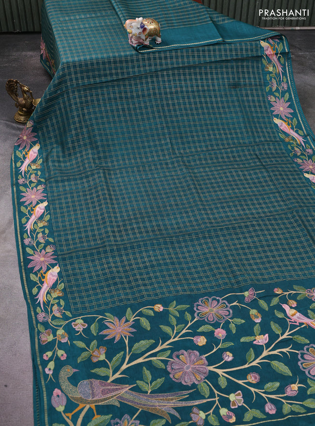 Semi tussar saree green with allover zari checked pattern and embroidery border