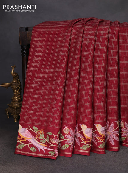 Semi tussar saree maroon with allover zari checked pattern and embroidery border