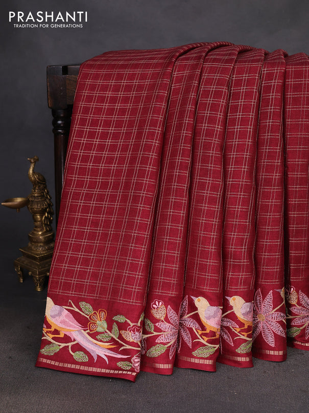 Semi tussar saree maroon with allover zari checked pattern and embroidery border