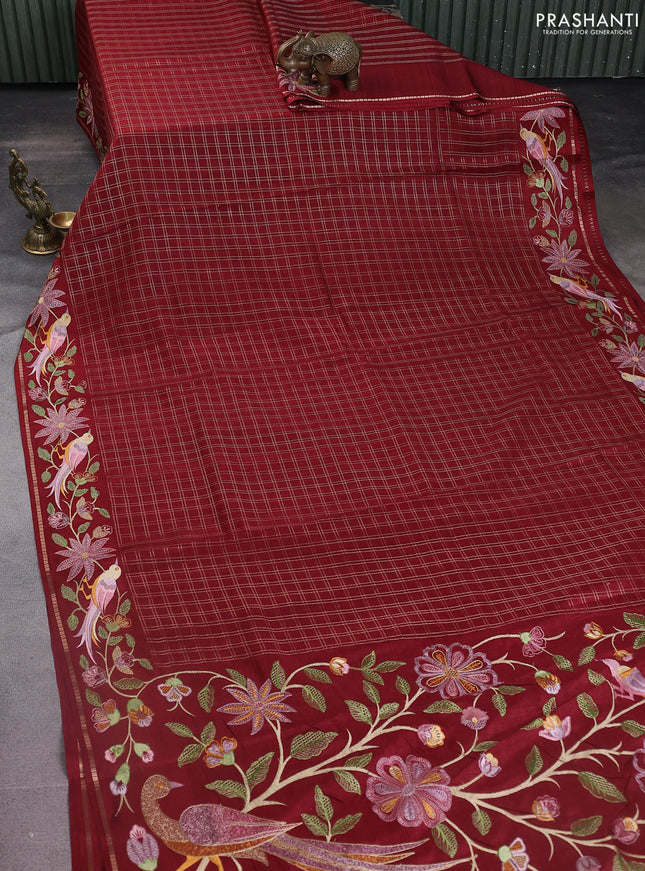Semi tussar saree maroon with allover zari checked pattern and embroidery border