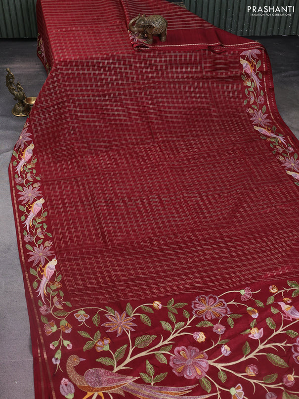 Semi tussar saree maroon with allover zari checked pattern and embroidery border
