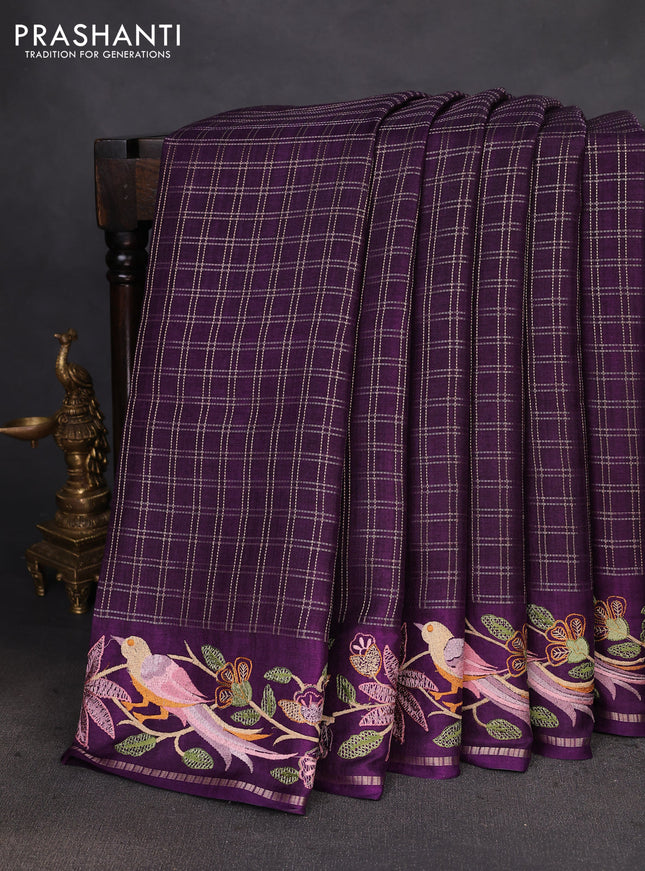 Semi tussar saree deep purple with allover zari checked pattern and embroidery border