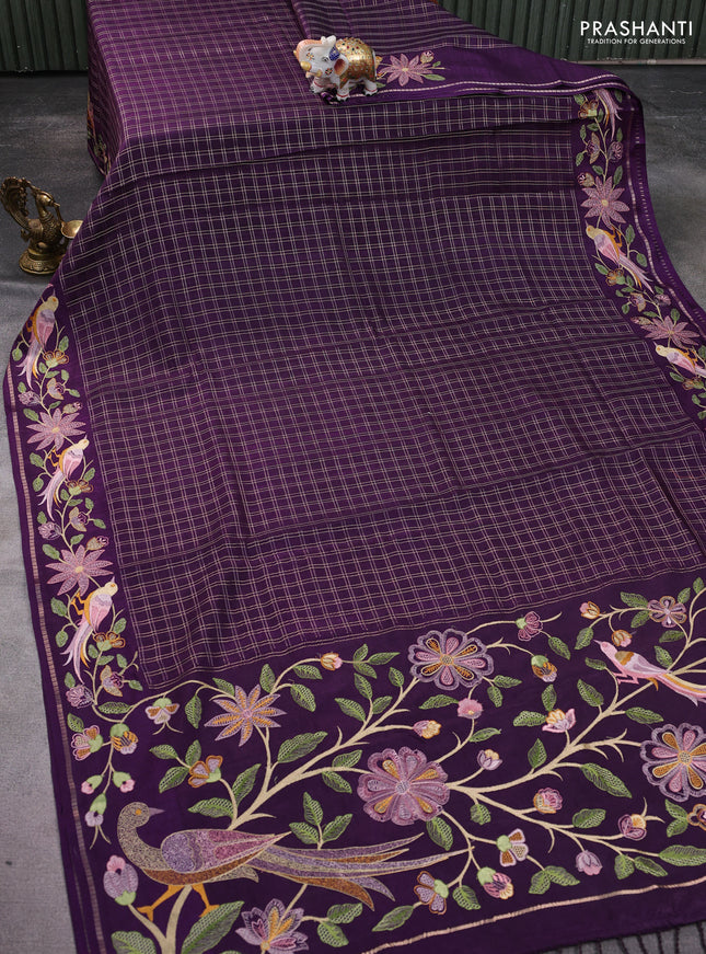 Semi tussar saree deep purple with allover zari checked pattern and embroidery border