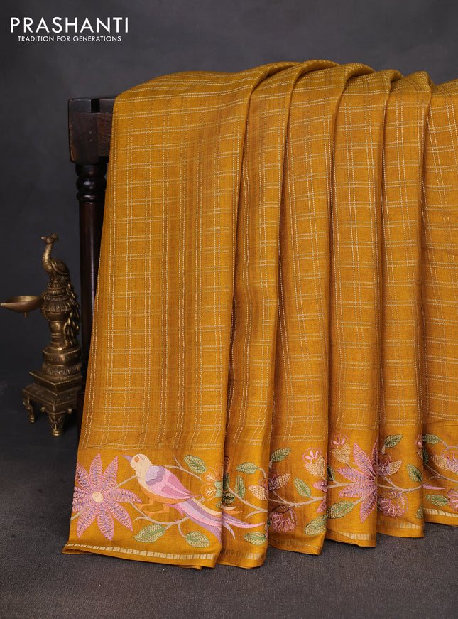Semi tussar saree mustard yellow with allover zari checked pattern and embroidery border