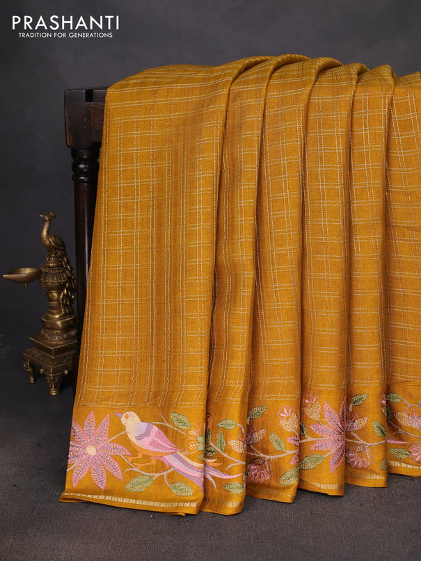 Semi tussar saree mustard yellow with allover zari checked pattern and embroidery border