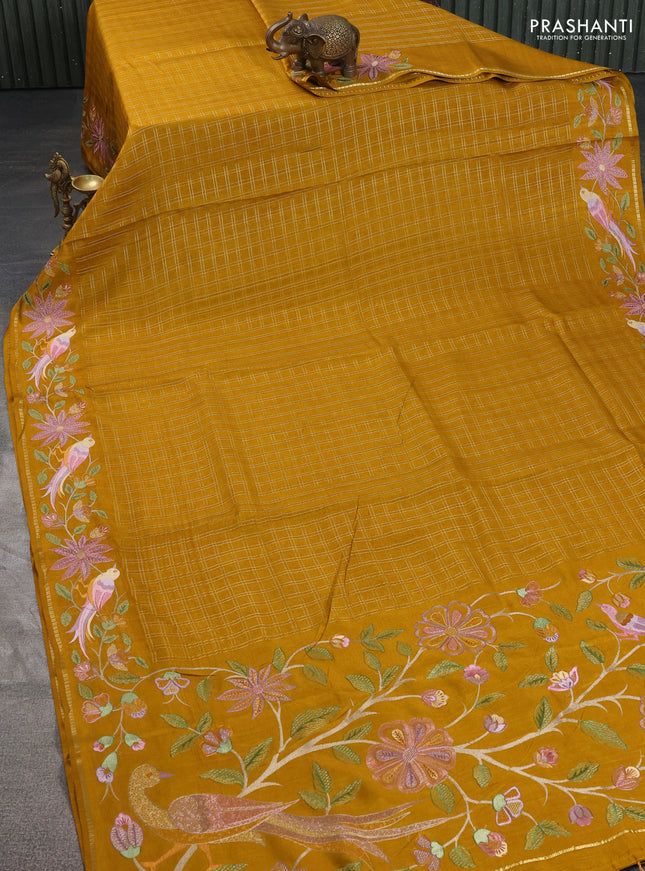 Semi tussar saree mustard yellow with allover zari checked pattern and embroidery border