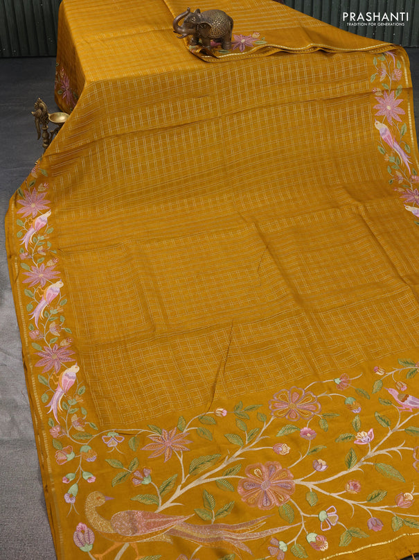 Semi tussar saree mustard yellow with allover zari checked pattern and embroidery border