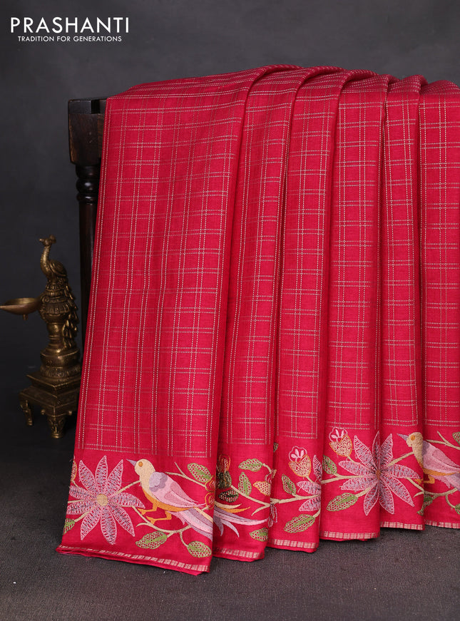 Semi tussar saree pink with allover zari checked pattern and embroidery border